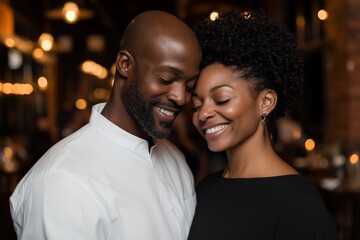 Fototapeta premium Couple enjoying a joyful moment together in a cozy restaurant at night