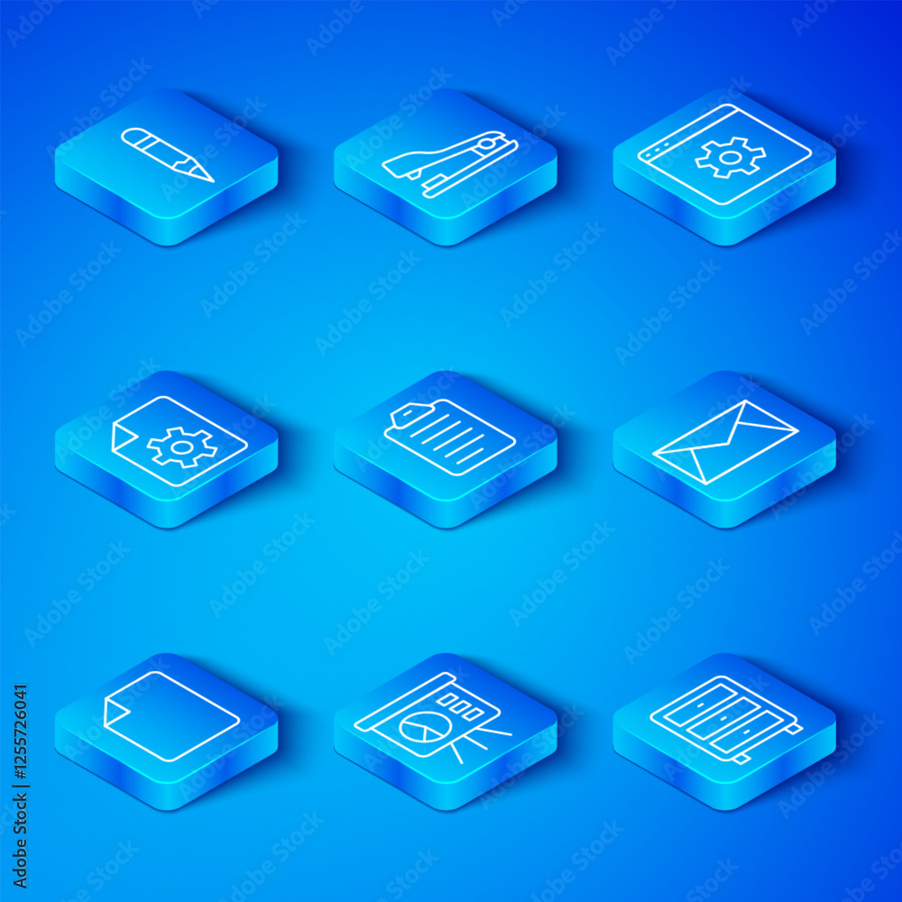Poster set line file document, to list or planning, board with graph, mail and e-mail, browser setting, doc