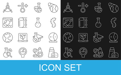 Set line Power station plant, Atom, Virus, Test tube with toxic liquid, Height geometrical figure, Data visualisation, Drawing compass and icon. Vector