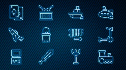 Set line Toy train, Roller scooter, boat, Sand bucket, plane, Playing cards, Xylophone and Drum with drum sticks icon. Vector