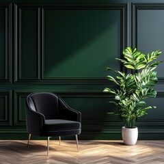 A stylish black chair next to a vibrant green plant against a dark green paneled wall, creating a chic and modern interior space.