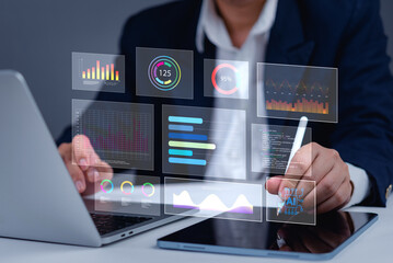 Big data visualization, AI-driven insights, business performance tracking, real-time analytics, futuristic digital dashboard, financial forecasting, enterprise decision-making tools.