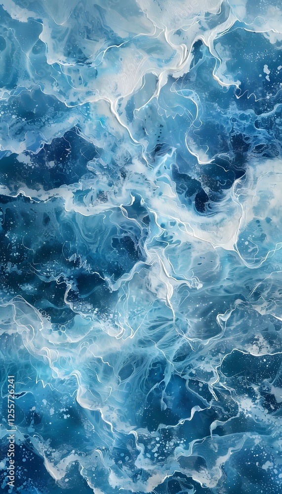 Poster surreal aerial view of ocean waves forming intricate patterns, vibrant blues and whites, high perspe