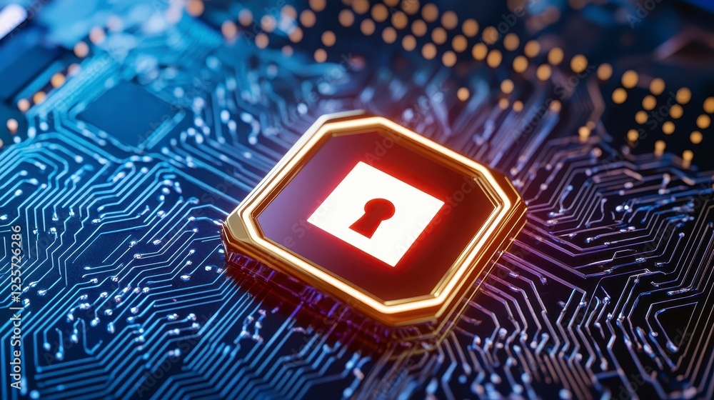 Poster close up view of glowing key symbol on circuit board, digital circuit board with glowing key symbol,