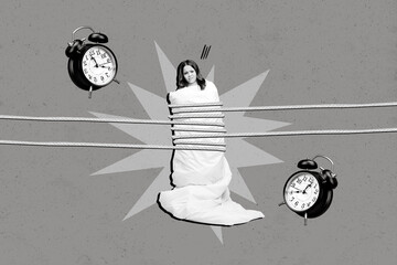 Creative collage picture of little black white colors girl tied blanket strings big bell ring...