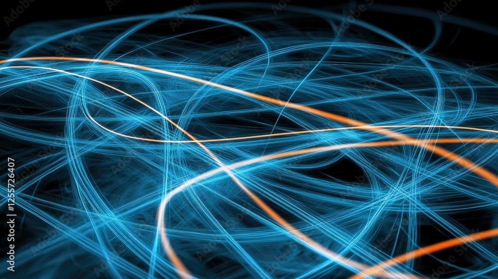 Poster Dynamic light trails flowing through abstract background digital art high-tech environment close-up view motion concept