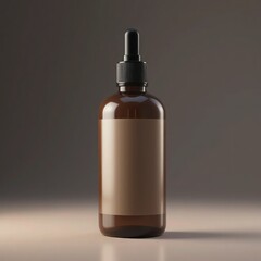 Naklejka premium Brown glass bottle, dropper cap, minimalist label, soft lighting, studio photography, product shot, apothecary style, neutral background, sleek design, cosmetic packaging, essential oil container,