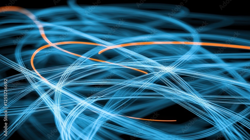 Poster dynamic light trails of electric currents abstract setting digital art dark background close-up view