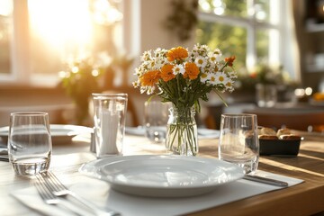 Fototapeta premium Dining table set with flowers and sunlight filtering through windows in a cozy restaurant