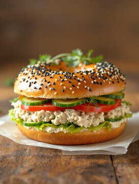 Enjoy a delicious bagel sandwich filled with fresh veggies and a creamy, irresistible filling