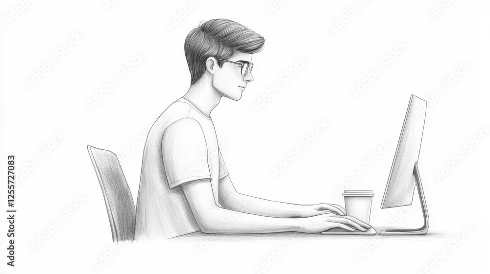 Poster man working efficiently on his laptop at modern desk setup