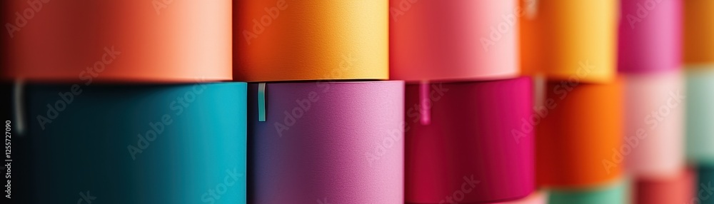 Poster a vibrant display of colorful paint cans stacked in rows, showcasing a variety of hues in a visually