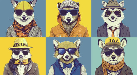 Cartoon animal hipsters portraits vector posters. Glasses lama scarves fox jackets canine pet dog raccoon ties caps hats clothes outfits accessories animals characters avatars illustrations
