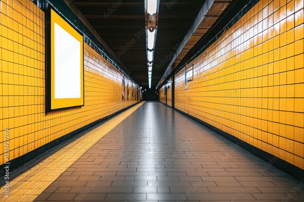 Poster a vibrant subway corridor with yellow tiled walls and a blank advertisement space, creating a modern