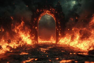 Fiery portal erupts in flames enchanting landscape digital art dark atmosphere eye-level view