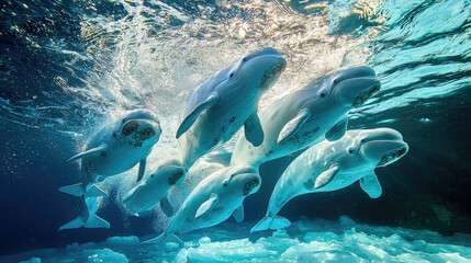 Obraz premium Group of beluga whales swimming gracefully underwater amidst ice and bubbles