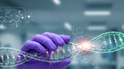Close up doctor holds green silver DNA double helix structure or molecule. CRISPR gene editing, gene therapy. Treatment of blood cancer and hereditary disease. Genetics and healthcare innovation.