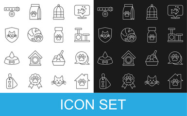Set line Pet house, Paw print, Cat scratching post with toy, Cage for birds, World pet, Animal health insurance, Collar name tag and Medicine bottle and pills icon. Vector