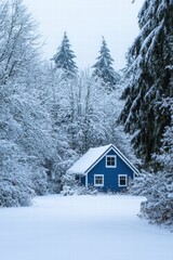 Charming Blue House Surrounded by Snowy Winter Landscape