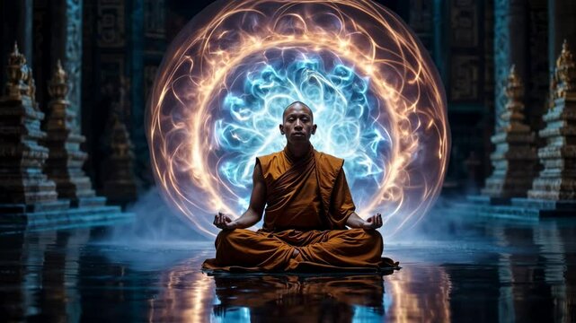 A monk meditating in a tranquil temple, surrounded by mystical glowing energy, representing a transcendent state of meditation and spiritual awakening. The scene evokes peace, harmony, and divine ligh