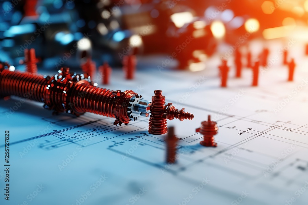 Poster a close-up view of intricate red mechanical components on engineering blueprints, showcasing a blend