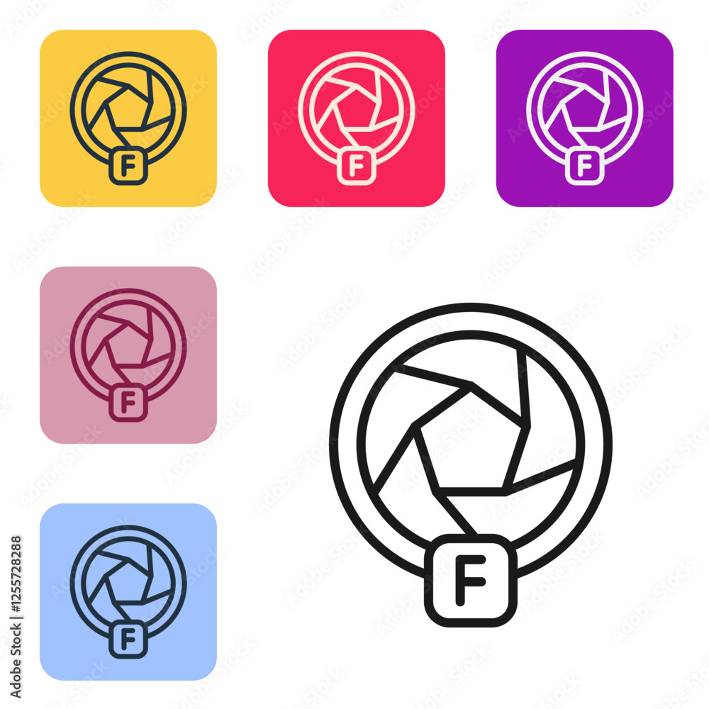 Poster black line camera shutter icon isolated on white background. set icons in color square buttons. vect