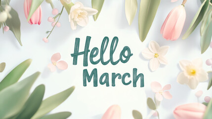 Pink tulips and bokeh light background with hello march text for spring