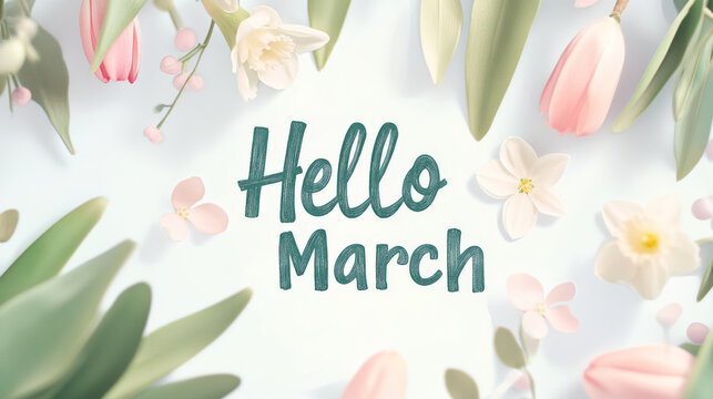 Pink tulips and bokeh light background with hello march text for spring