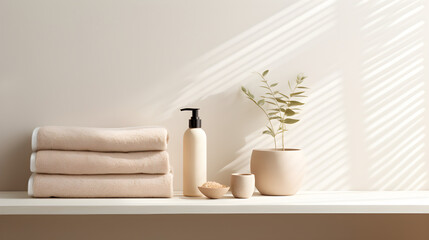 Serene Spa Bathroom Shelf Towels Lotion Plant and Bath Salts