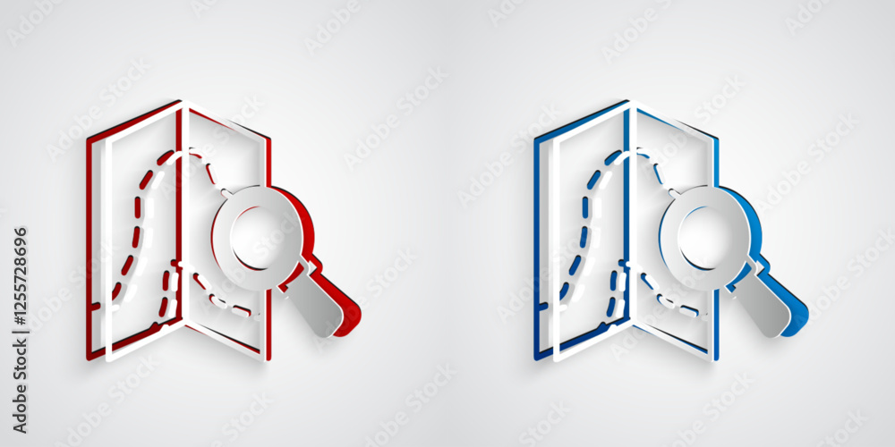 Poster paper cut search location icon isolated on grey background. magnifying glass with pointer sign. pape
