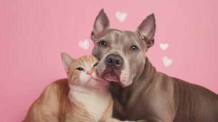 Obraz premium St Valentines Day postcard, Cat and dog hugging each other on color background with drawn hearts