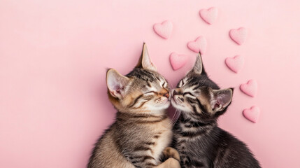 Two kittens cuddling with hearts, suitable for St. Valentines Day postcard