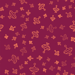 Brown line Whirligig toy icon isolated seamless pattern on red background. Vector