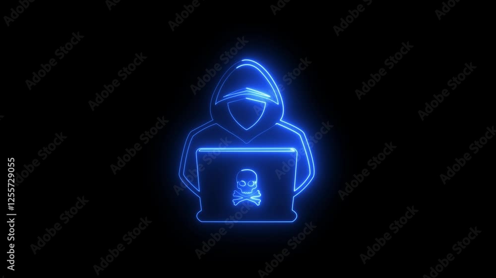 Aufkleber glowing neon hacker cybercriminal with laptop icon animation.hacker is cybercriminal who steals user