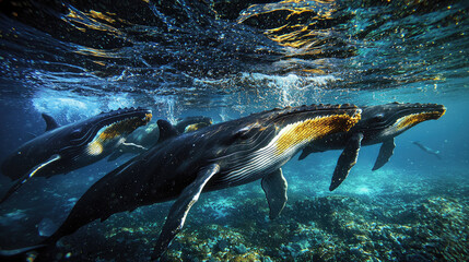 Group of humpback whales swimming gracefully in clear blue ocean waters, surrounded by bubbles and sunlight