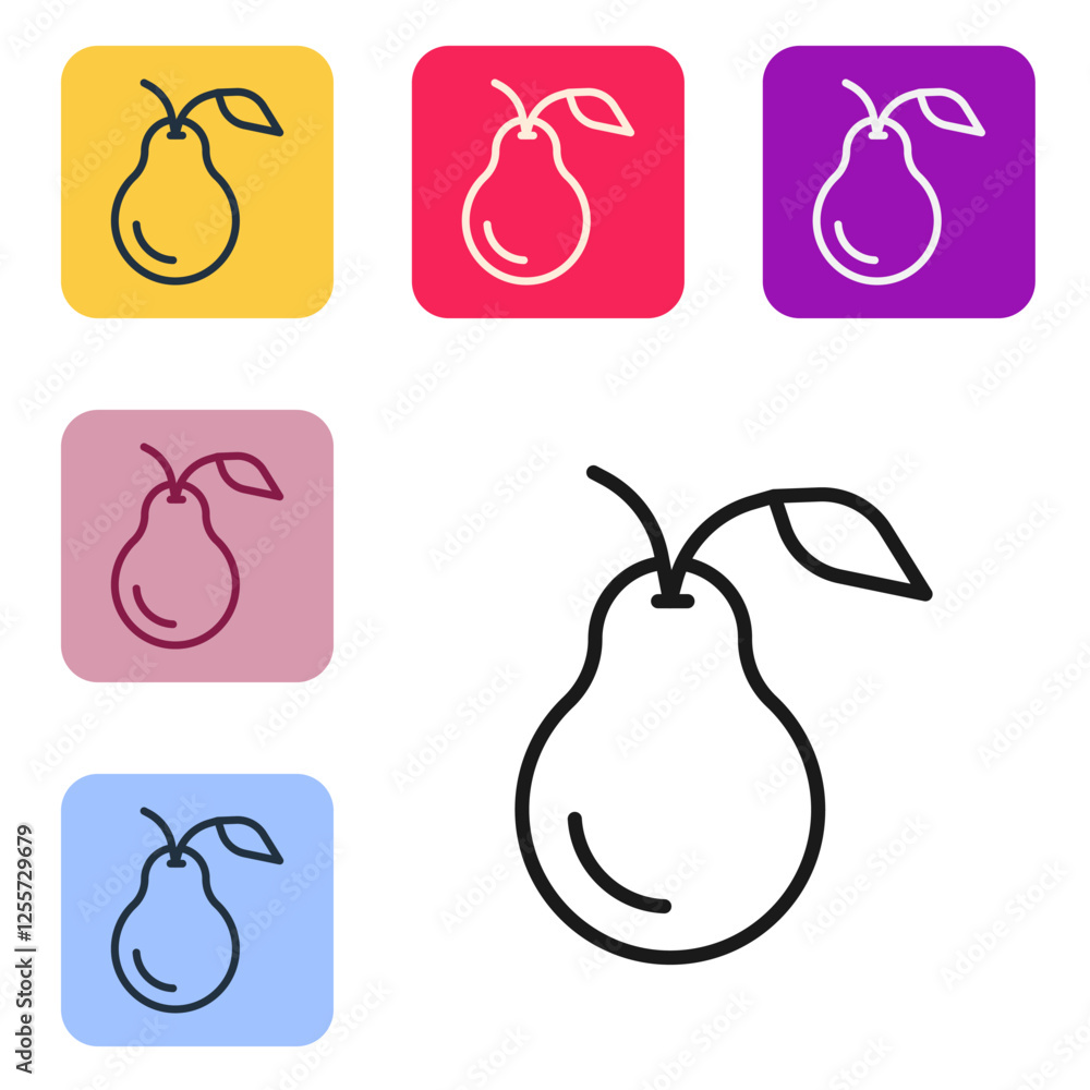 Aufkleber black line pear icon isolated on white background. fruit with leaf symbol. set icons in color square