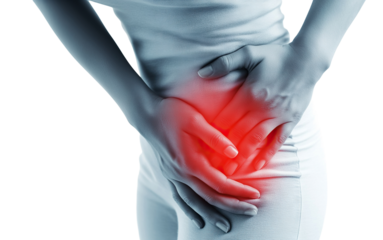 Woman suffering from pelvic pain, hands pressed against the abdomen, isolated on white background