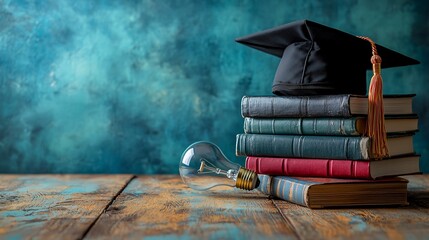 Graduation cap on books, lightbulb; education, knowledge, future