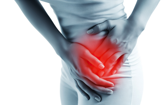 Woman suffering from pelvic pain, hands pressed against the abdomen, isolated on white background