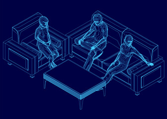 A blue image of three people sitting on a couch and a coffee table. The image is in blue and has a futuristic feel to it
