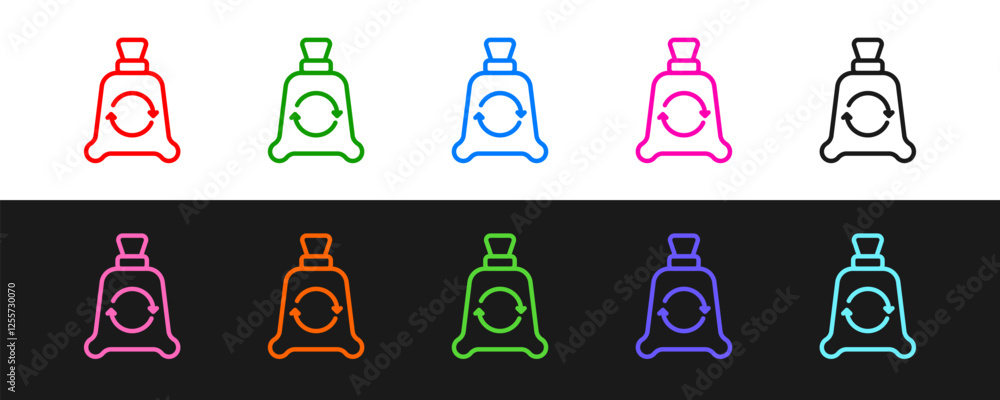 Poster set line garbage bag with recycle symbol icon isolated on black and white background. trash can icon
