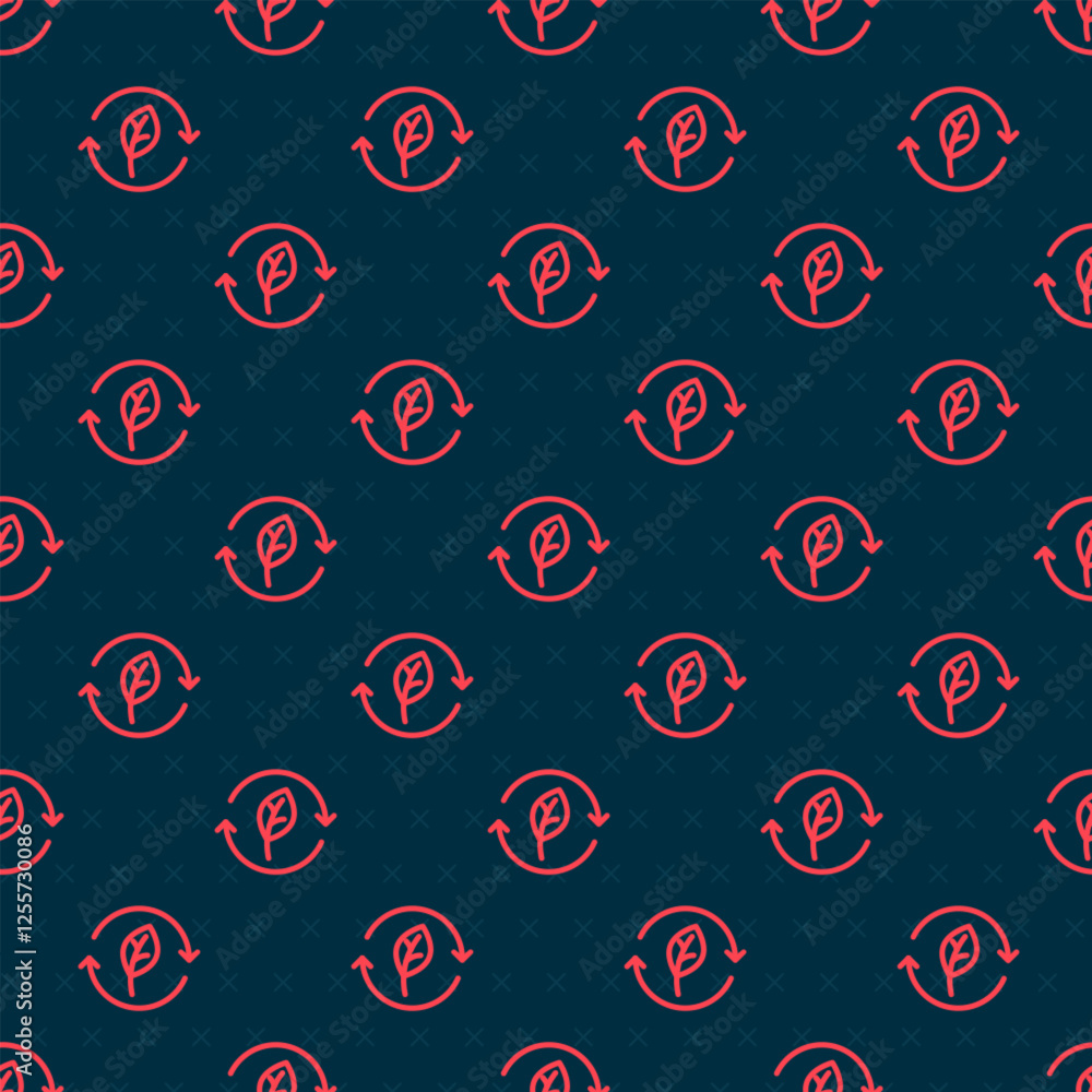 Poster red line recycle symbol with leaf icon isolated seamless pattern on black background. circular arrow
