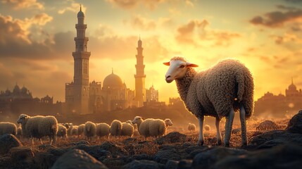 3D render of an Arabic themed product display background for advertisement featuring a moon stars and an Arabic lamp