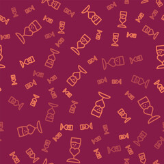 Brown line Glass of champagne icon isolated seamless pattern on red background. Happy Valentines day. Vector