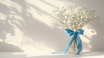 White Baby's Breath Bouquet in Glass Vase with Blue Ribbon