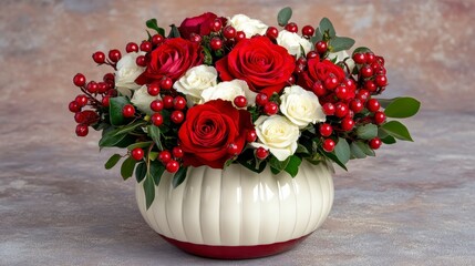 Fototapeta premium Red and white roses, berries, and greenery arranged in a ribbed, cream colored vase on a taupe background. The flowers are vibrant and appear fresh