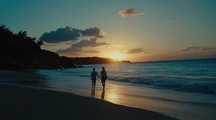 Romantic Couple Strolling Hand-in-Hand on a Tropical Beach at Sunset