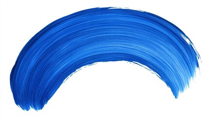 Single vibrant blue paint stroke in a curved arc shape against a clean white background. The stroke exhibits visible brush texture and a slightly