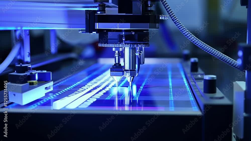 Poster robotic arm working on production line illuminated with blue light, assembling microchips in modern 