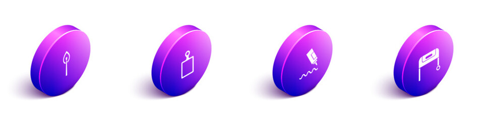 Set Isometric Burning match with fire, Cutting board, Sauce bottle and Barbecue grill icon. Vector